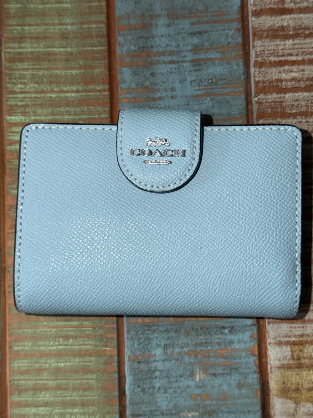 Coach Light Blue Pebbled Leather Snap Wallet